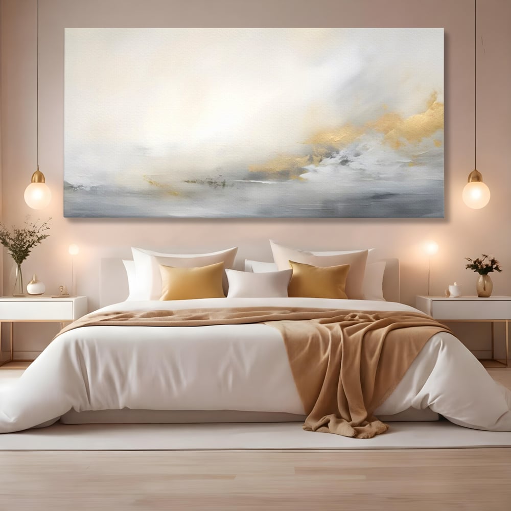 Tablou canvas cu tablou abstract cu ceata si nuante aurii, fara rama, pe sasiu de lemn, pe perete intr-un dormitor